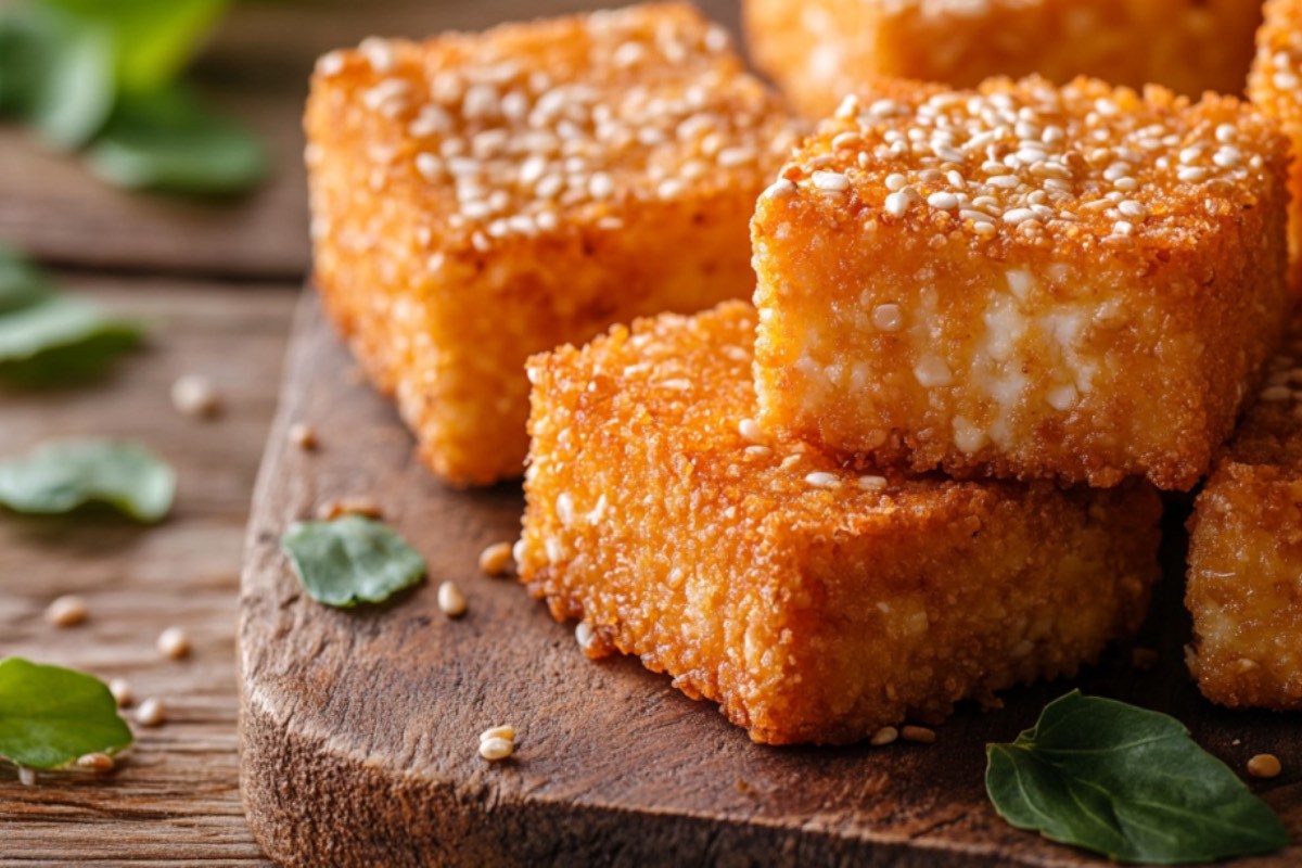 Panierter Feta mit Sesam auf einem Holzbrett.