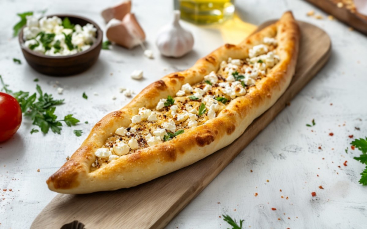 Ein Pide mit Feta auf einem Holzbrett.