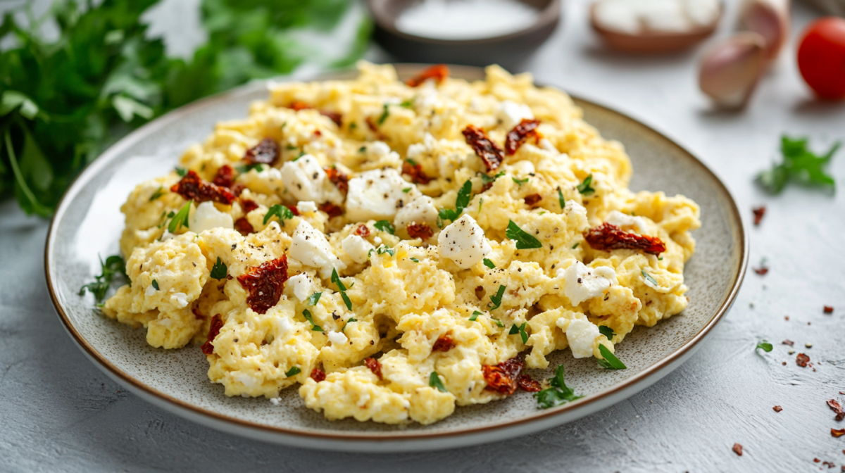 Rührei mit Feta und getrockneten Tomaten auf einem grauen, modernen Teller.