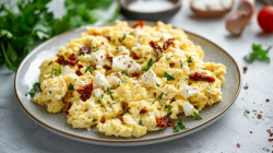 Rührei mit Feta und getrockneten Tomaten auf einem grauen, modernen Teller.