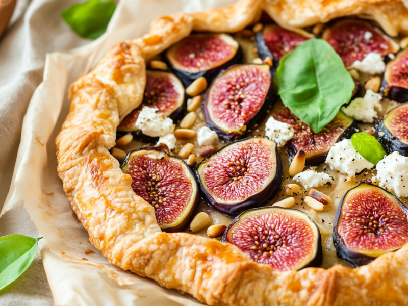 Eine schnelle Feigengalette mit Feta und Pinienkernen, Nachaufnahme.