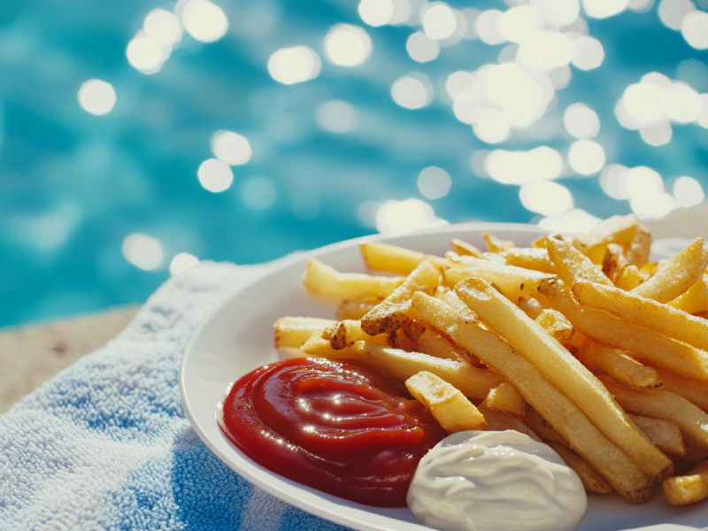 Eine Portion Freibad-Pommes neben einem Pool