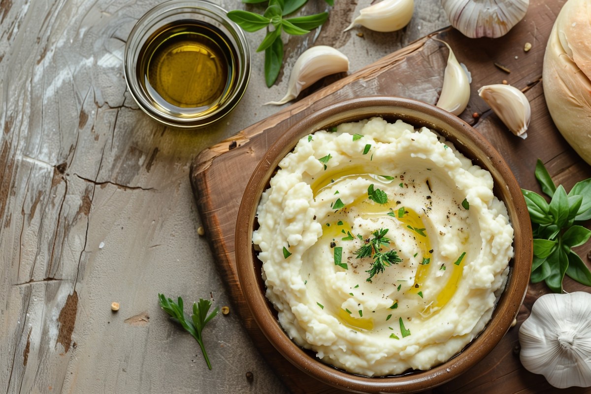 Schale mit griechischer Kartoffel-Knoblauch-Paste