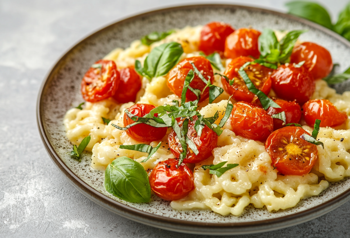 Eine Portion Spätzlepfanne mit Feta und Tomaten, garniert mit ganzem und gehacktem Basilikum, auf einem Teller.