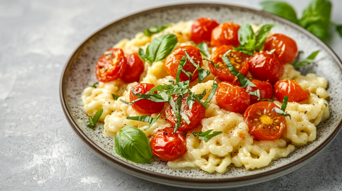 Eine Portion Spätzlepfanne mit Feta und Tomaten, garniert mit ganzem und gehacktem Basilikum, auf einem Teller.