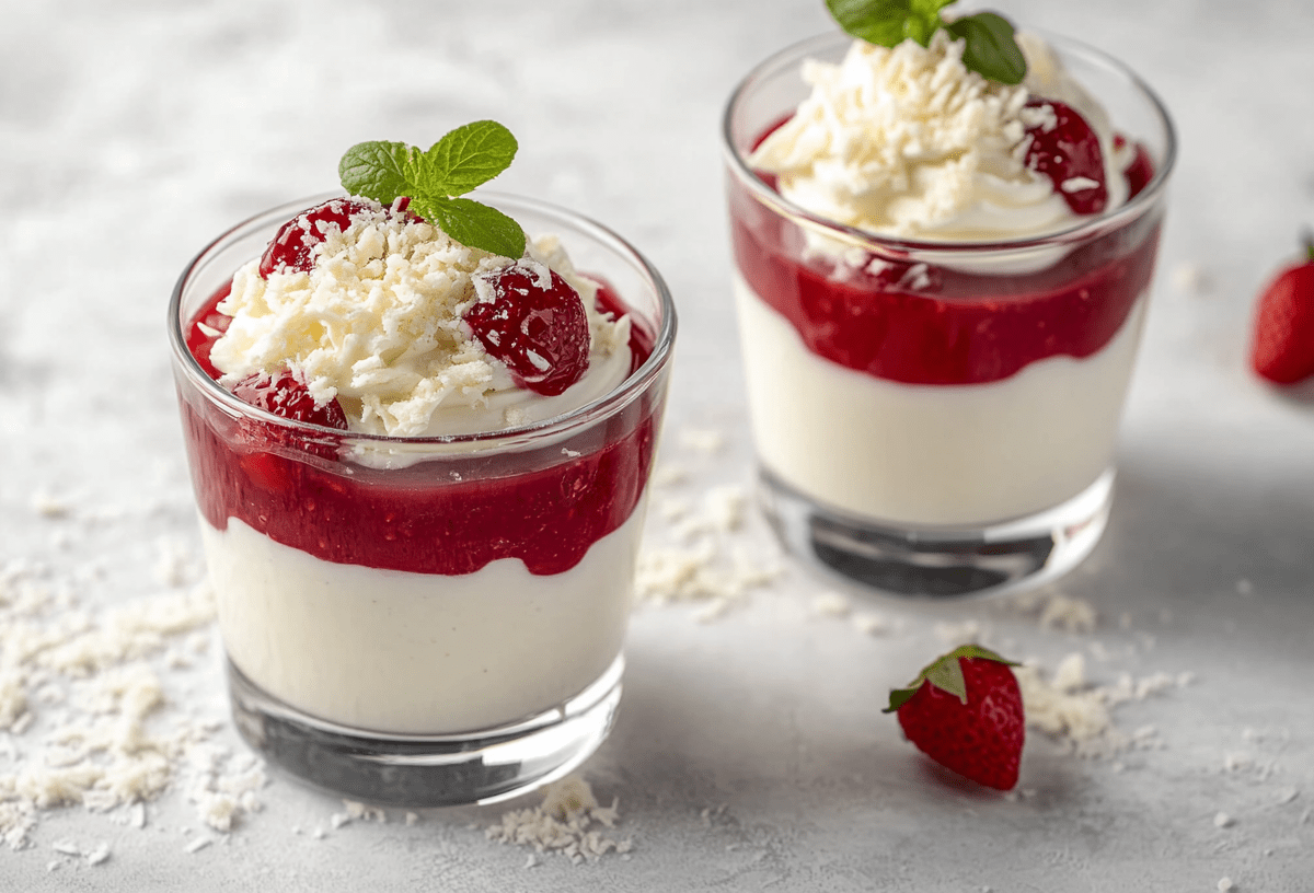 2 Gläser Spaghettieis-Dessert mit Erdbeersoße und geraspelter weißer Schokolade.