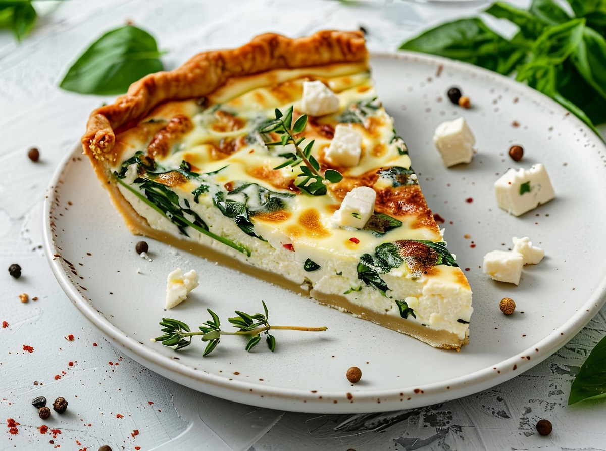 Ein Stück Feta-Spinat-Quiche auf einem Teller