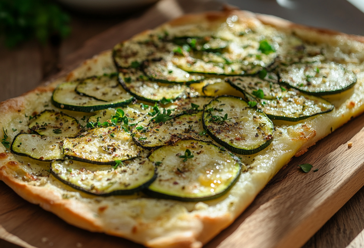 Zucchini-Flammkuchen auf einem Holzbrett.