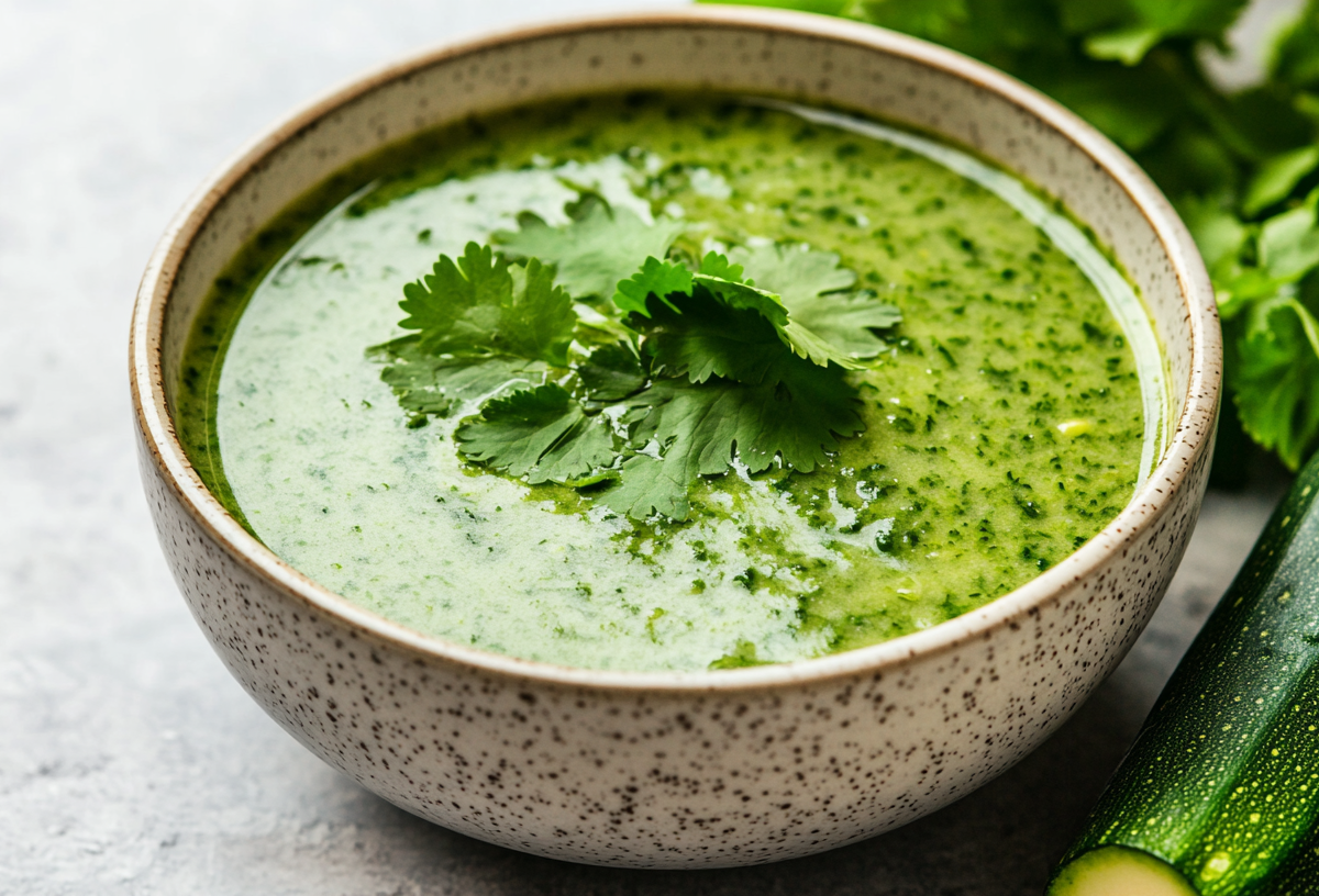 Eine Schüssel mit Zucchini-Gazpacho, garniert mit Koriander, daneben eine Zucchini und Koriander.