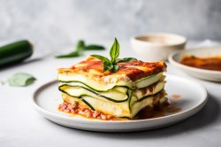 Zucchini-Lasagne mit Linsen auf einem Teller.