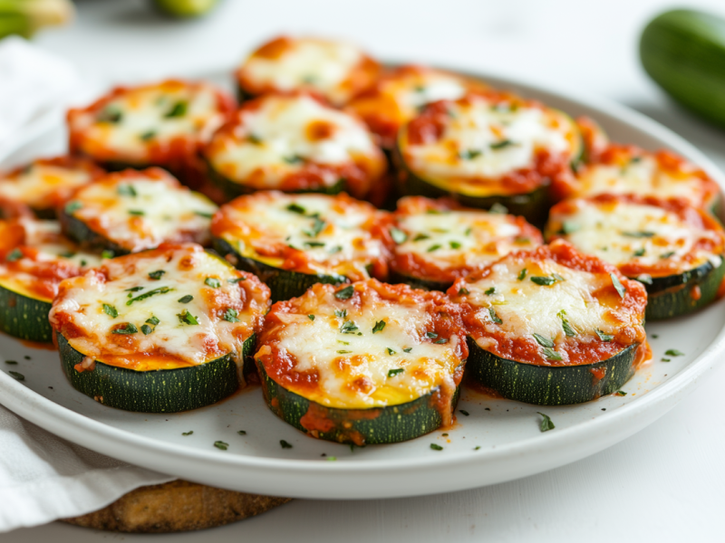 Zucchini-Pizza-Bites auf einem weißen Teller.