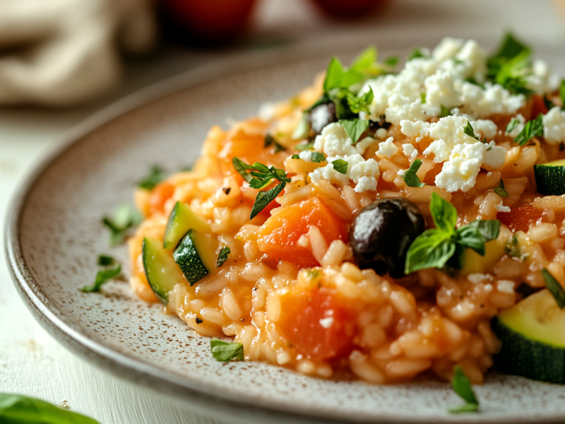 Roter Zucchini-Reis mit Feta und Oliven auf einem Teller, bestreut mit Petersilie, Nahaufnahme.