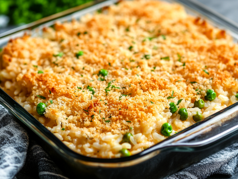 Alfredo-Reisauflauf mit Hähnchen, Erbsen und Semmelbröseln in quadratischer Auflaufform aus Glas.