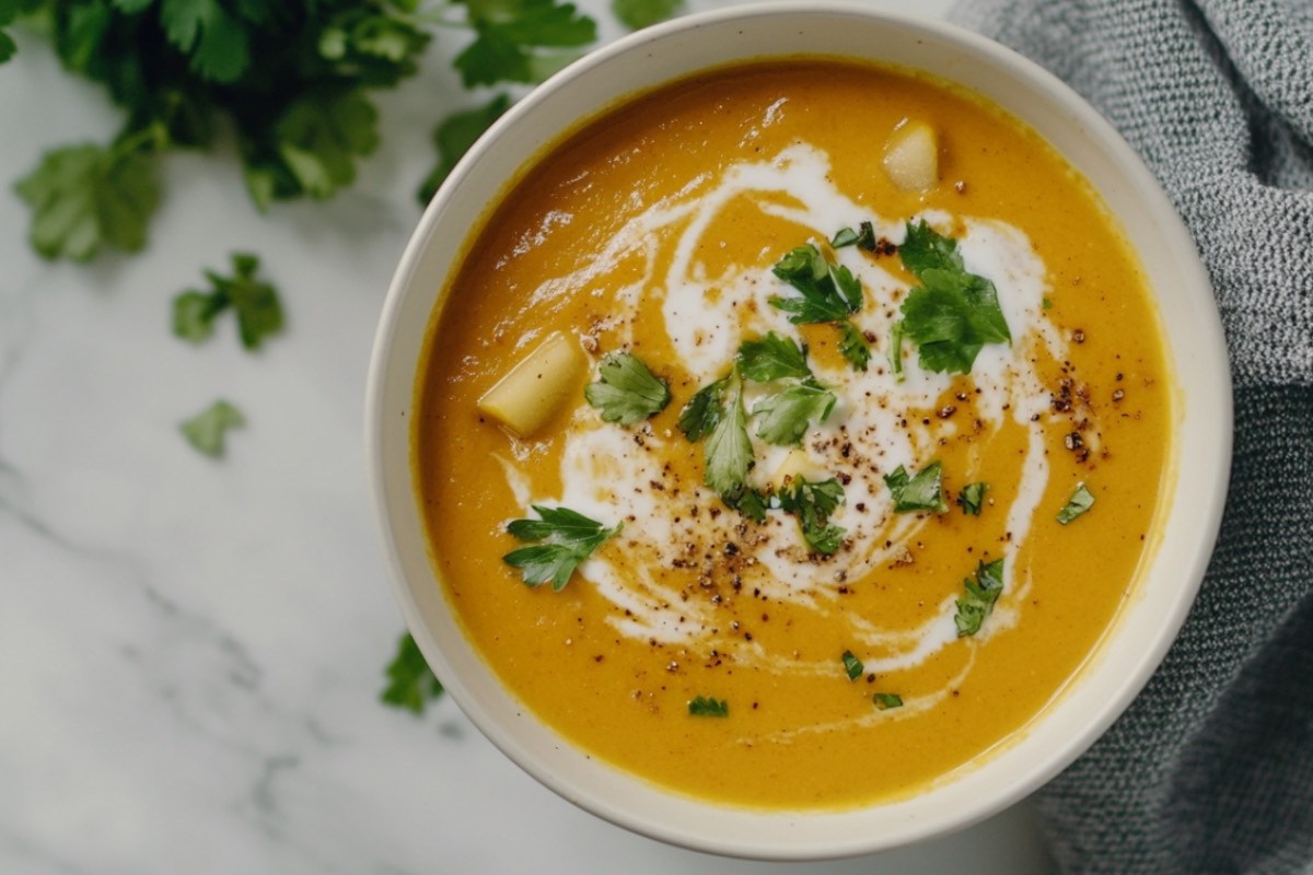 Eine Schüssel Apfel-Curry-Suppe in der Draufsicht.