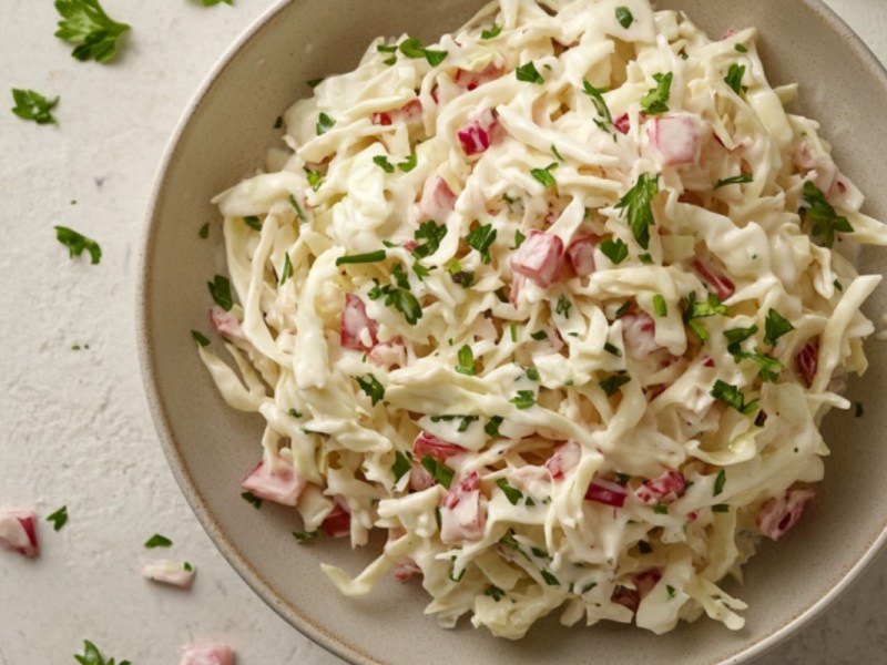 Eine Schale mit bayerischem Krautsalat mit Speck.