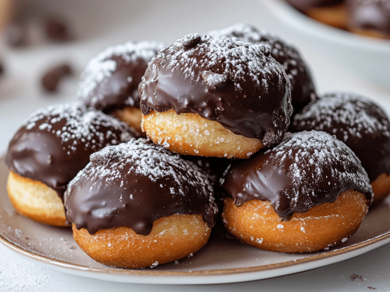 ein paar Boston Cream Donuts mit Schokoladenglasur auf einem Teller.