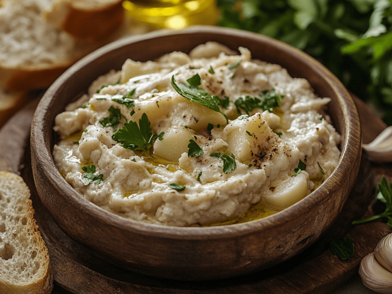 Brandacujun, italienische Fisch-Paste, in einer Holzschale.