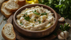 Brandacujun, italienische Fisch-Paste, in einer Holzschale.