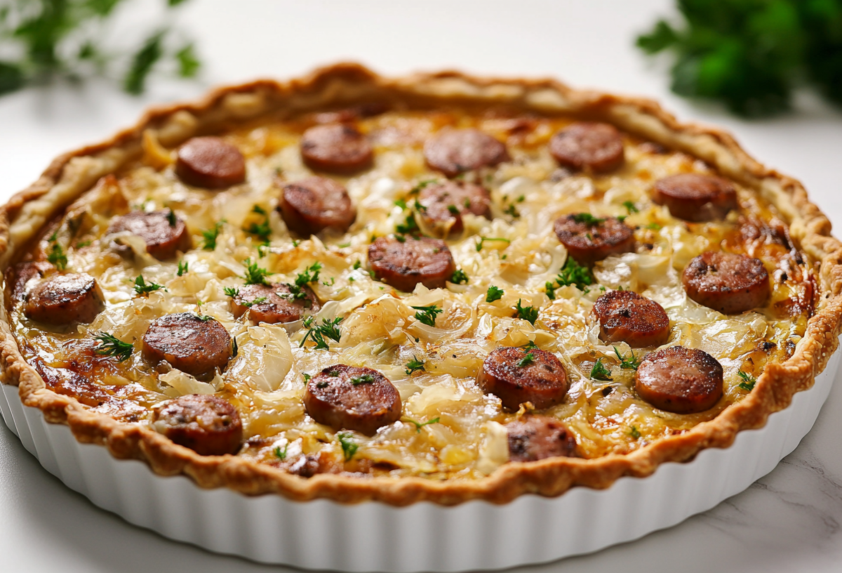 Bratwurst-Sauerkraut-Quiche in weißer Quicheform, bestreut mit Kräutern.