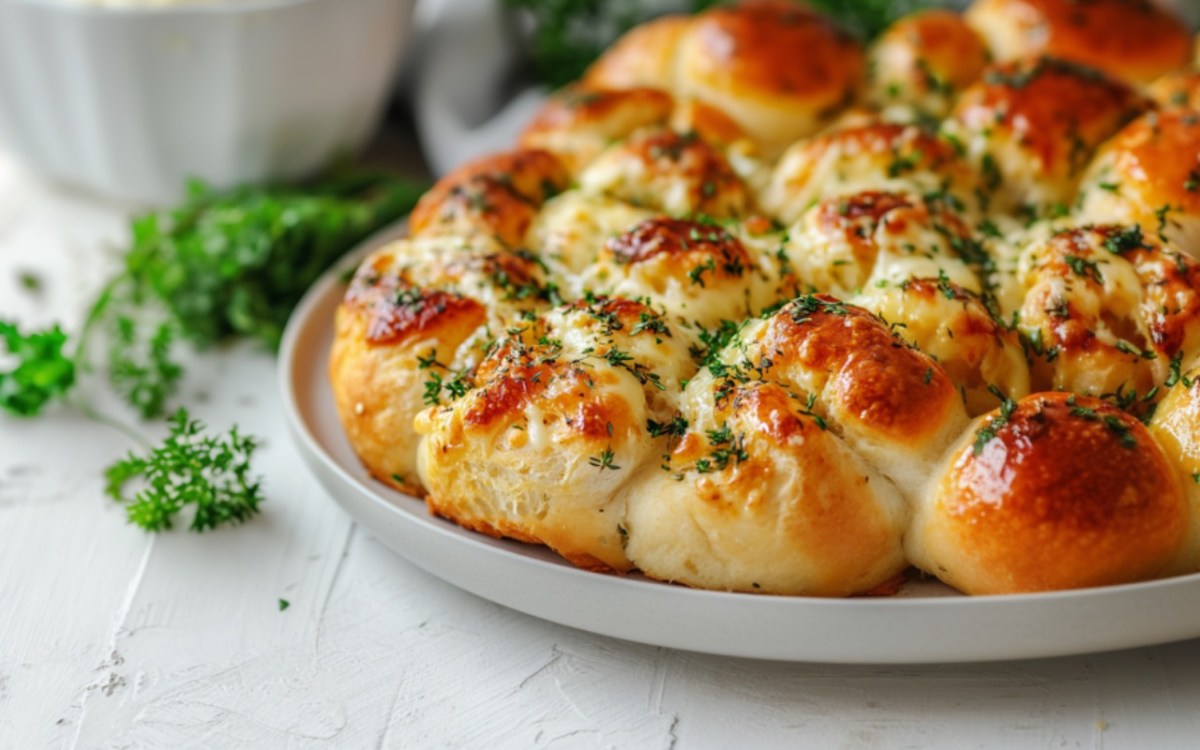 Ein Bubble Bread mit Kräuterbutter und Käse auf einem Teller.