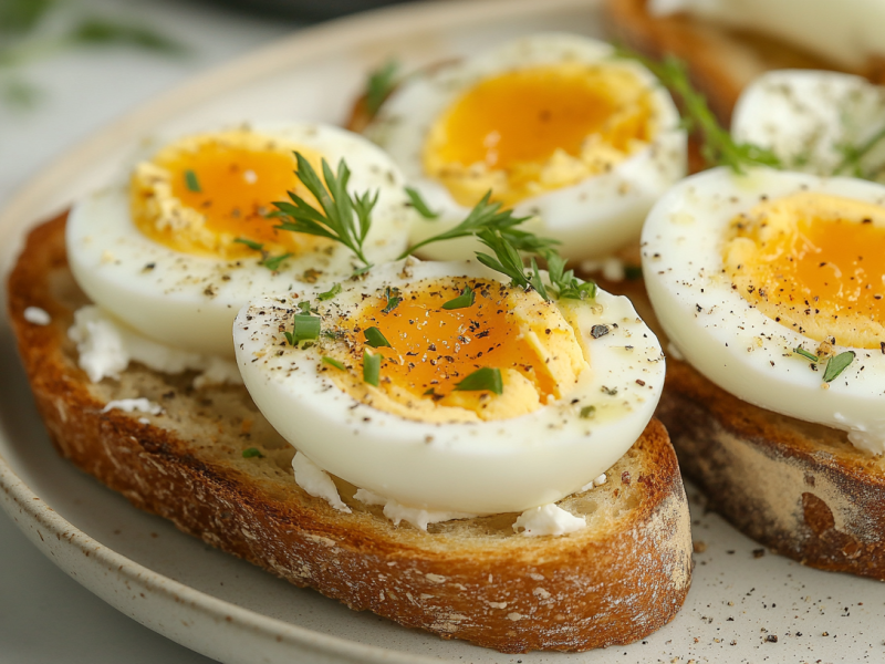 2 Ei-Toasts mit Joghurt-Frischkäse-Aufstrich auf einem Teller, mit Kräutern bestreut.