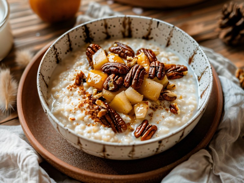 Schale mit Frühstücksbrei mit karamellisierten Äpfeln