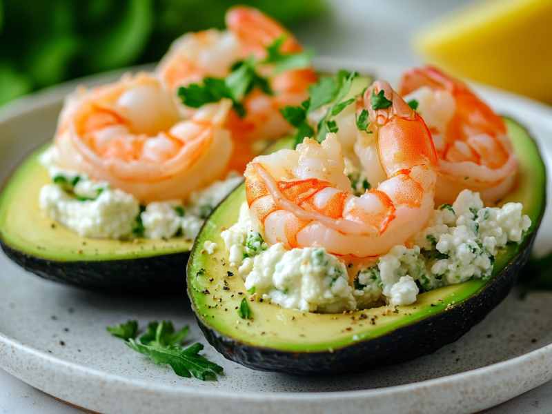 Zwei gefüllte Avocados mit Hüttenkäse und Garnelen auf einem Teller.