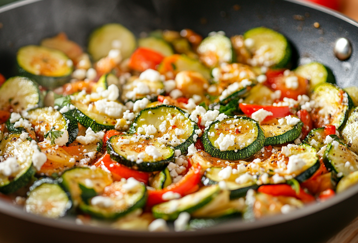 Gemüsepfanne mit Feta, Zucchini und Paprika, Nahaufnahme.