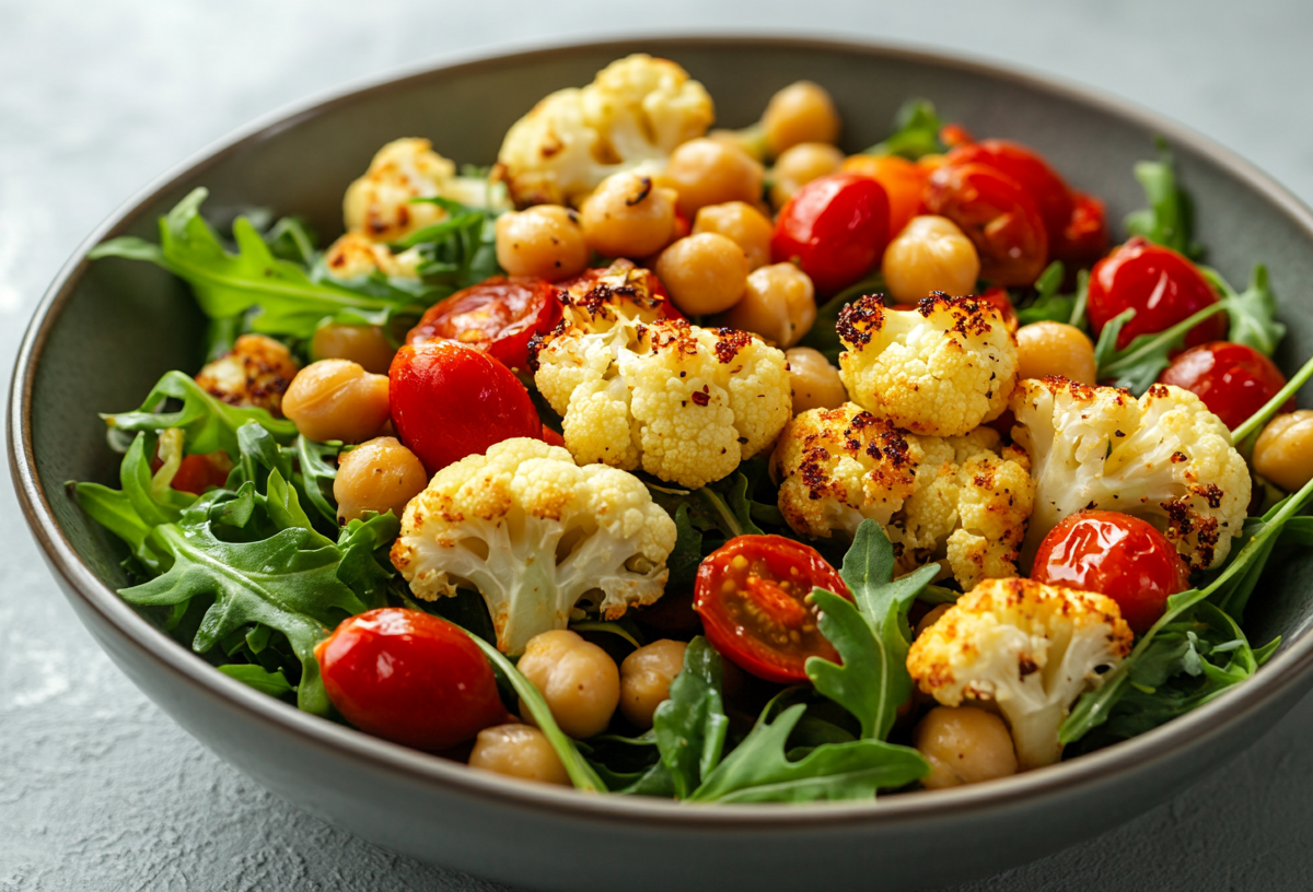 Eine Schale gerösteter Blumenkohl-Salat mit Kichererbsen, Tomaten und Rucola.