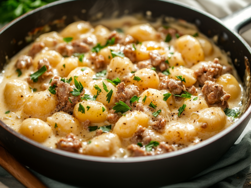 Bild von einer Gnocchi-Pfanne mit Hackfleisch und Schmand.