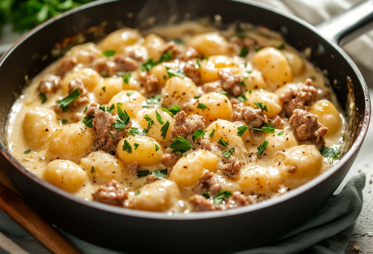 Bild von einer Gnocchi-Pfanne mit Hackfleisch und Schmand.