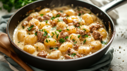 Bild von einer Gnocchi-Pfanne mit Hackfleisch und Schmand.