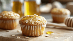 Tisch mit drei Haferflocken-Honig-Muffins