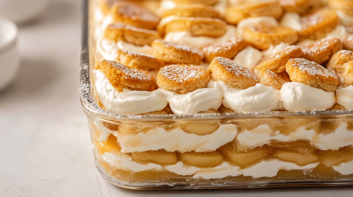 Herbst-Tiramisu mit Creme und Apfel in Auflaufform aus Glas.