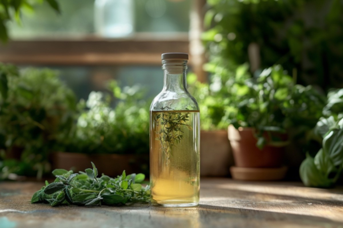 Eine Flasche Kräutersirup. Im Hintergrund frische Kräuter in Töpfen.