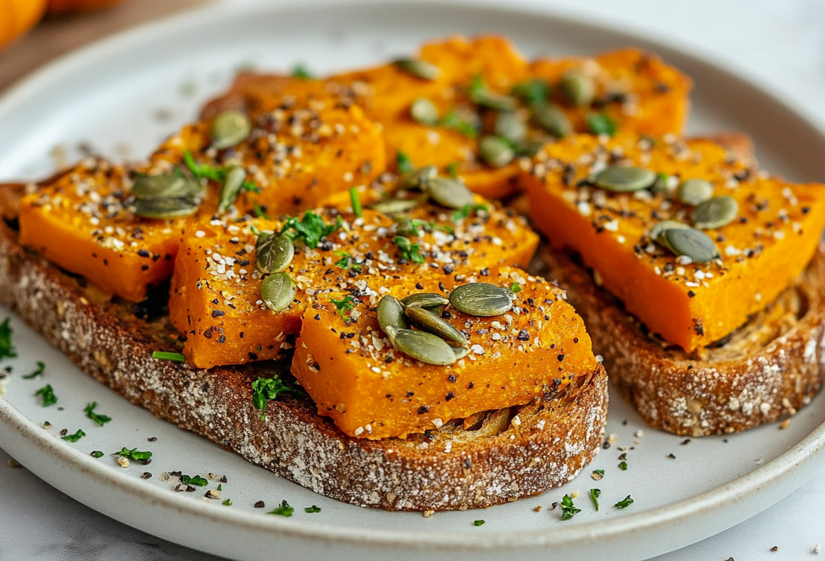 2 Kürbis-Toasts, bestreut mit Kürbiskernen, gehackten Nüssen und Kräutern, auf einem Teller.