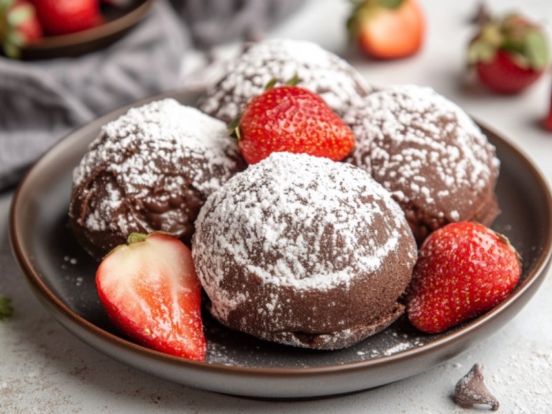 4 Pancake Bombs mit Puderzucker und Erdbeeren auf einem Teller.