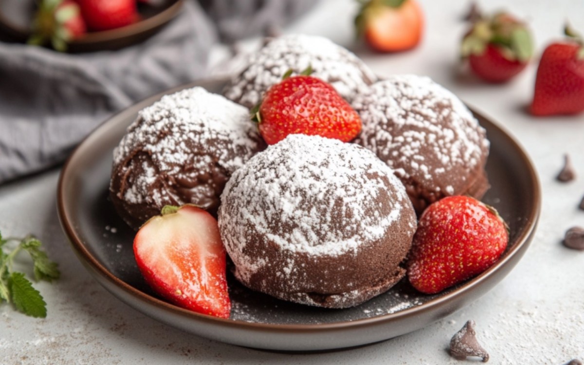 4 Pancake Bombs mit Puderzucker und Erdbeeren auf einem Teller.