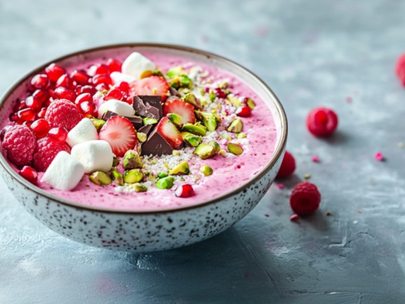 Eine Schüssel Pink Porridge mit Toppings.