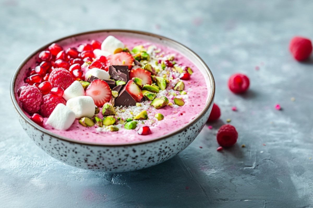 Eine Schüssel Pink Porridge mit Toppings.