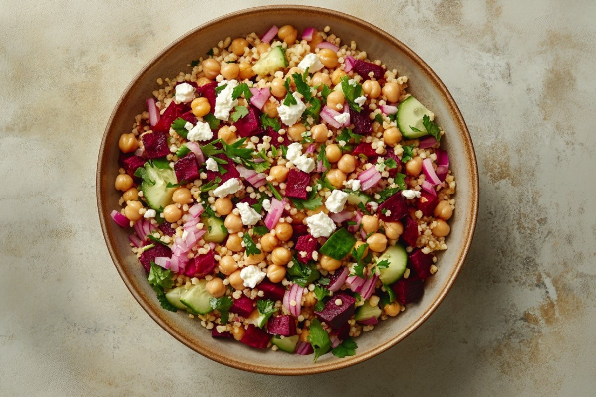 Eine Schüssel Rote-Bete-Salat mit Couscous und Feta in der Draufsicht.