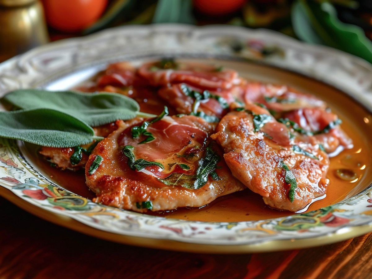 Saltimbocca alla Romana: Kalbsschnitzel mit Schinken und Salbei auf einem gemusterten Teller.