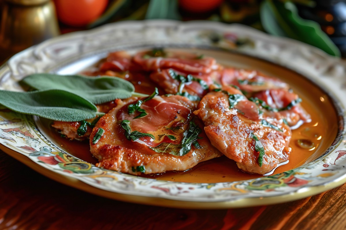 Saltimbocca alla Romana: Kalbsschnitzel mit Schinken und Salbei auf einem gemusterten Teller.