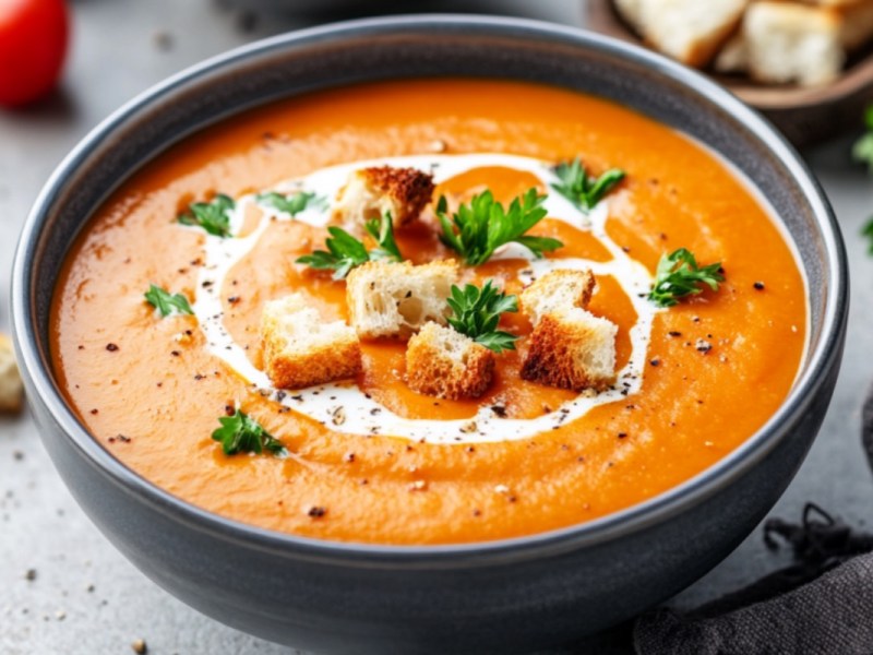 Eine Schüssel Süßkartoffel-Tomaten-Suppe mit Croûtons.