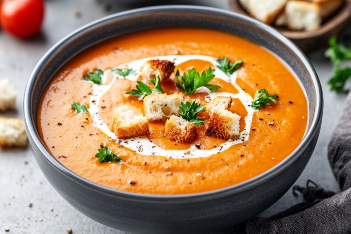 Eine Schüssel Süßkartoffel-Tomaten-Suppe mit Croûtons.