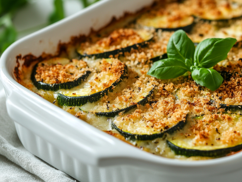 Zucchini-Gratin mit Semmelbröseln in weißer Auflaufform, Nahsicht.