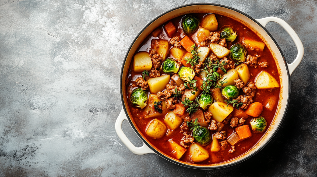 Bauerntopf mit Rosenkohl und Hackfleisch: ein warmer Eintopf für kalte Tage