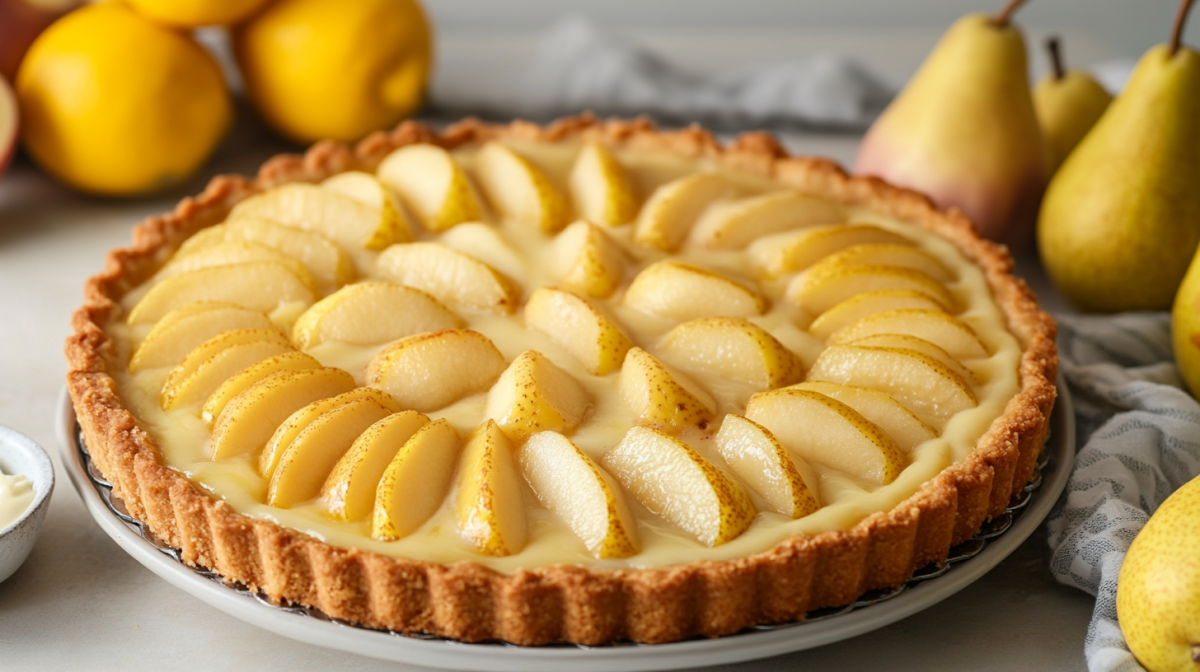 Birnen-Pudding-Kuchen auf einem Kuchentablett. Drum herum liegen Birnen.