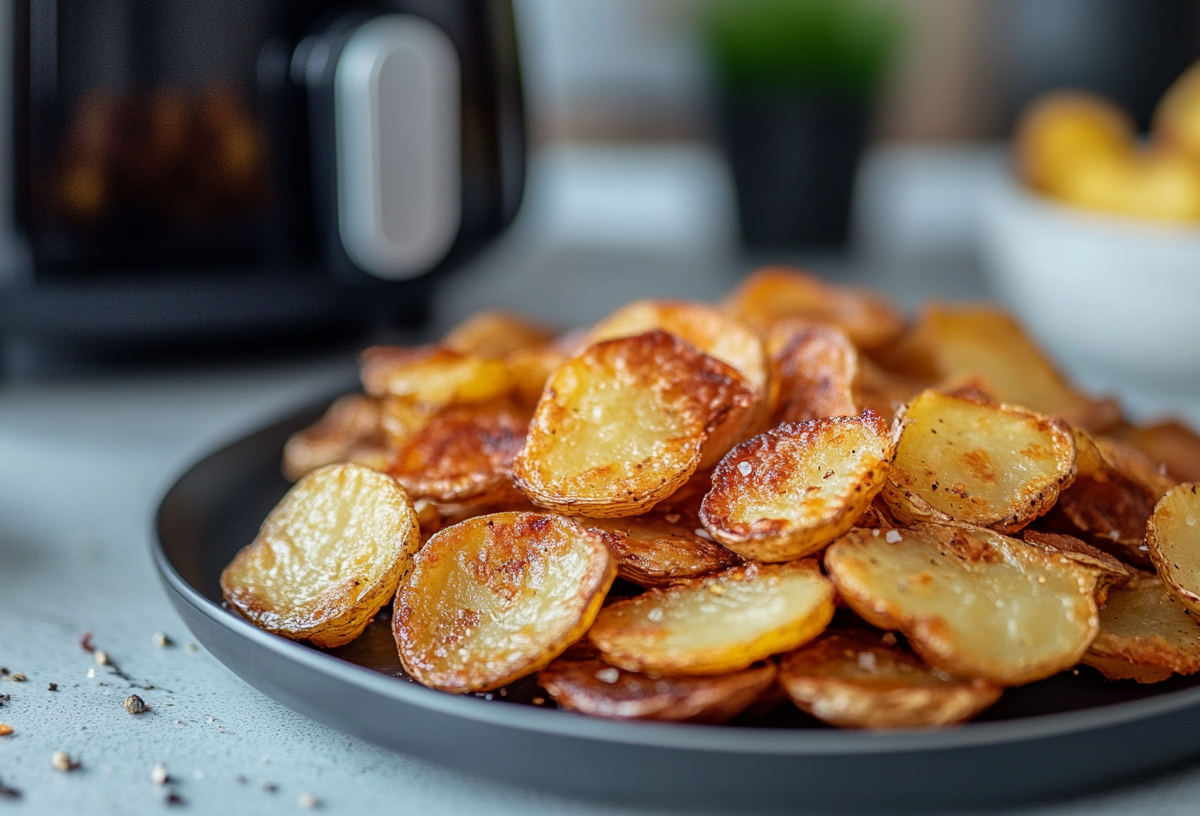 Bratkartoffeln aus dem Airfryer auf einem Teller. Im Hintergrund steht ein Airfryer.