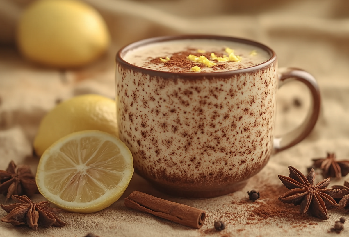 Eine Tasse Chai Latte mit Zitrone. Daneben liegen Gewürze.